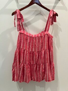 True Craft Red and White Striped Tie-Shoulder Tiered Tank